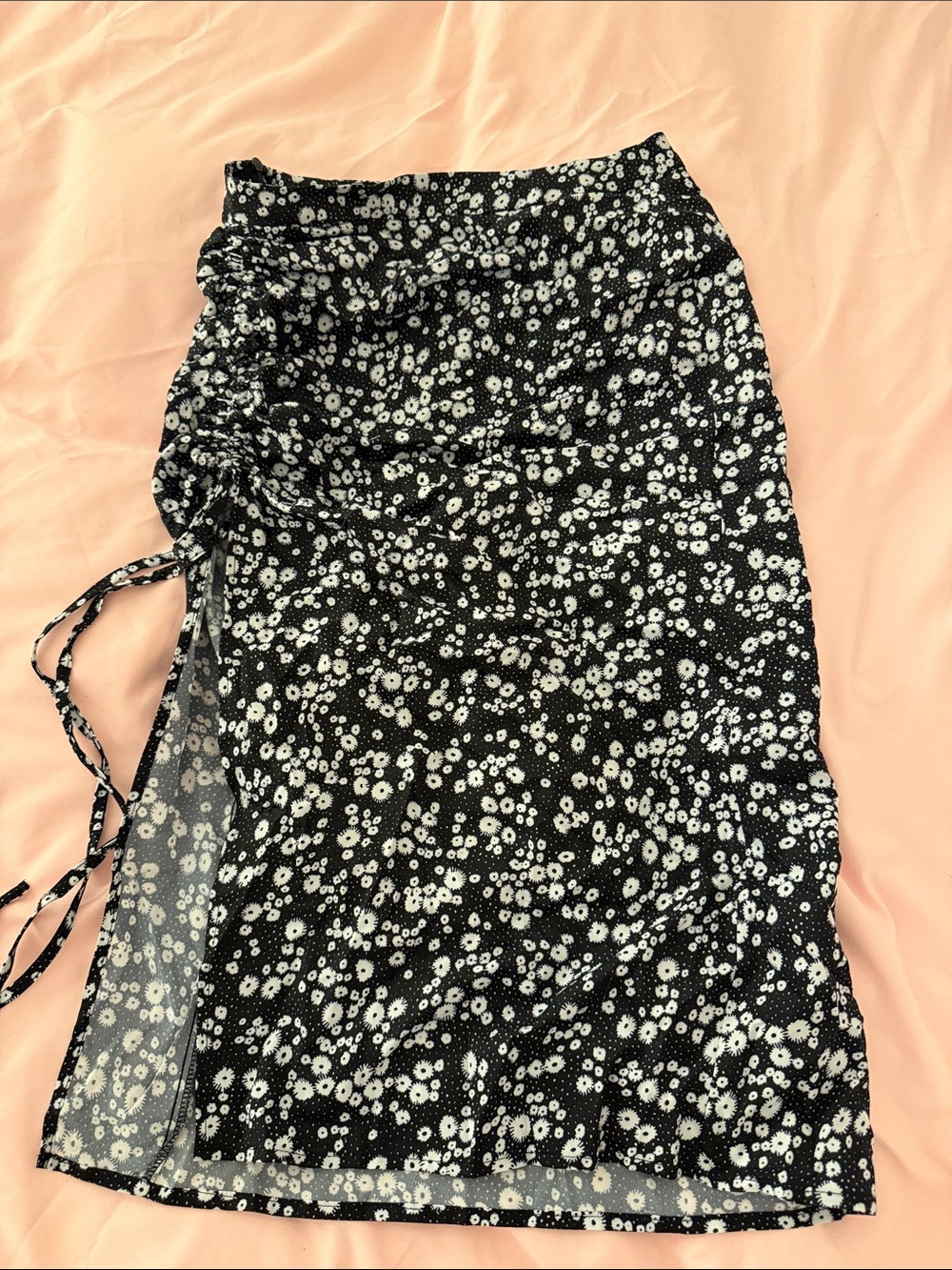 SHEIN Black Floral Ruched Side-Tie Midi Skirt with Slit